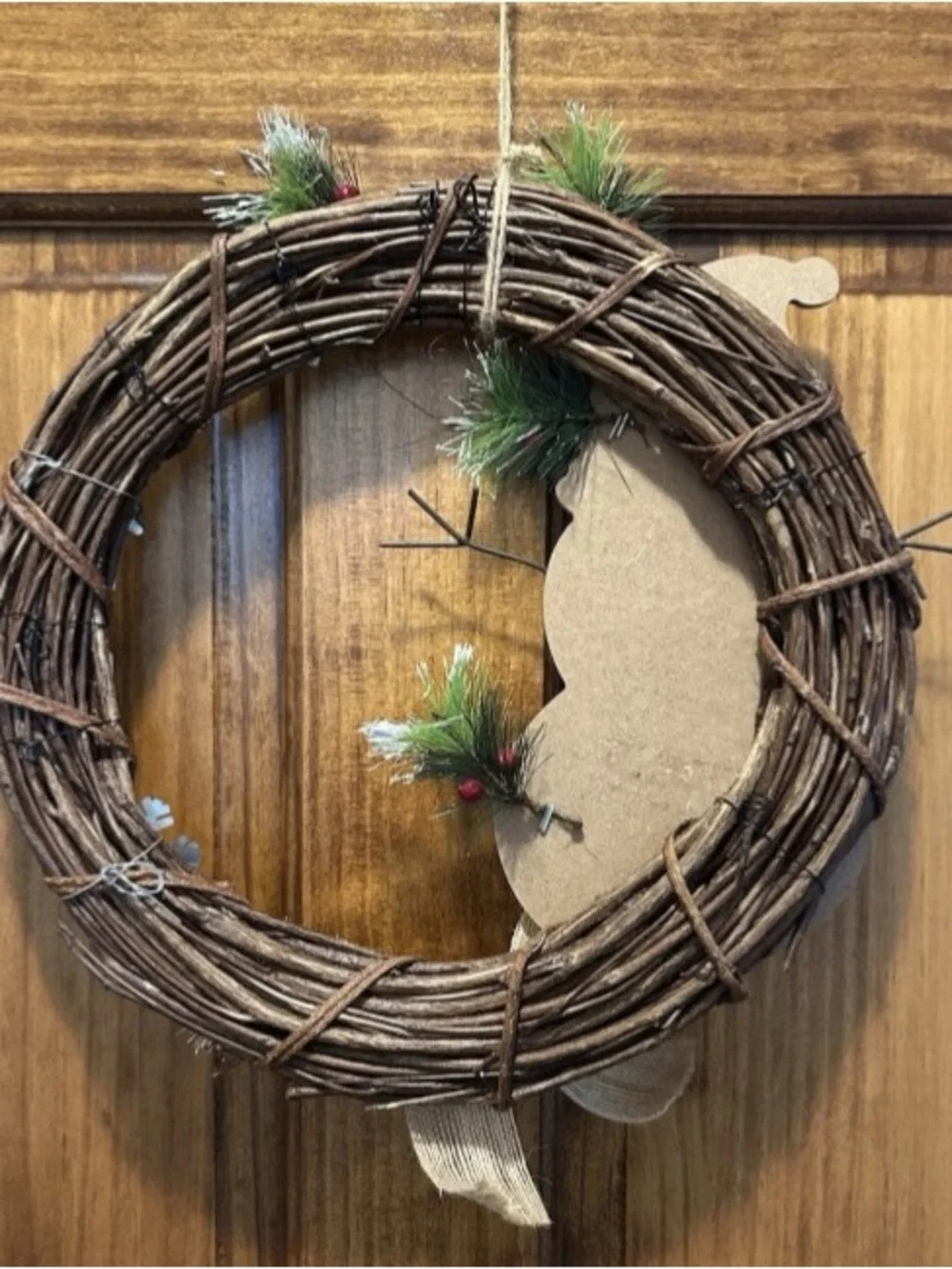 Christmas Welcome Wreath Door Decor Wall Hanging Wood Snowman Rustic Handcrafted